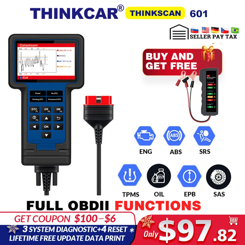 Сканер THINKSCAN 601 OBD2 для EN/ABS/SRS с маслом EPB SAS TPMS считыватель кодов обслуживания TS601