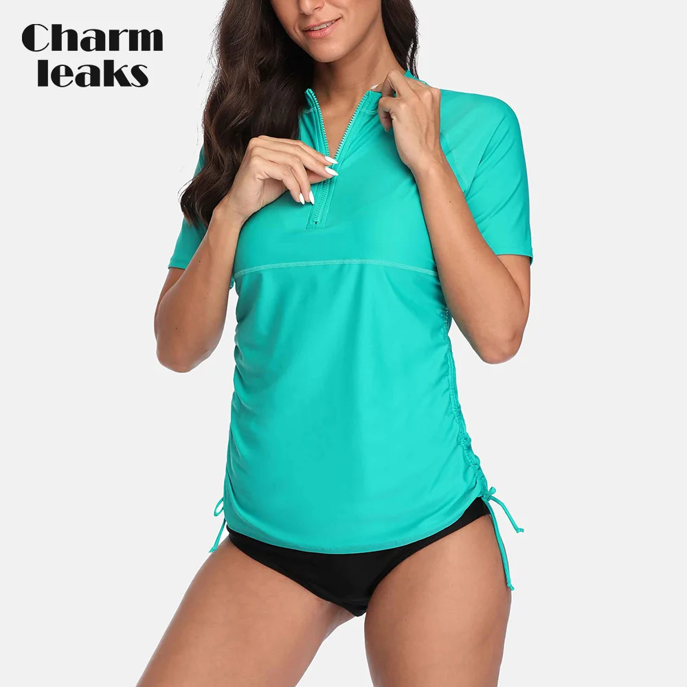 Charmleaks Women Short Sleeve Rash Guard Shirts Zip Front Swimwear Rashguard Top Side Bandaged Surf Top Diving Shirt UPF 50+