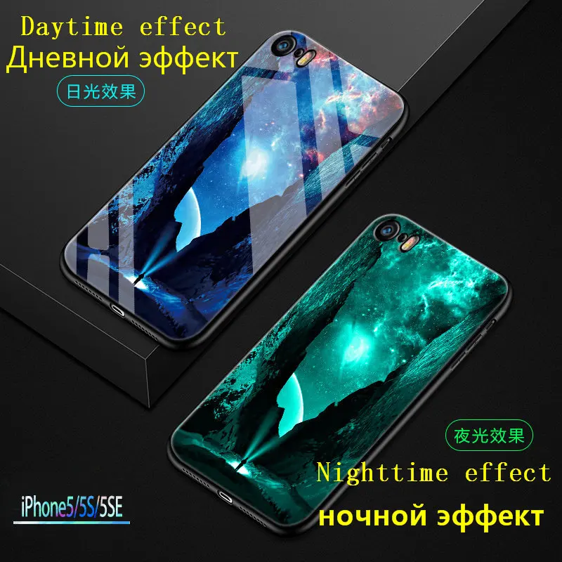 Светящийся чехол для iPhone 5 5S SE 2020 светящийся из закаленного стекла 6 6S 7 8 X XR XS 12 11 Pro
