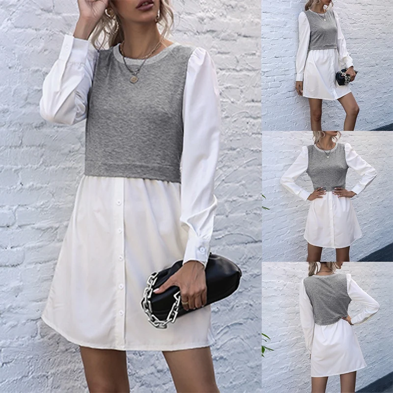 

Kili Women's Contrast Stitching Round Neck Long Sleeve Shirt Dress