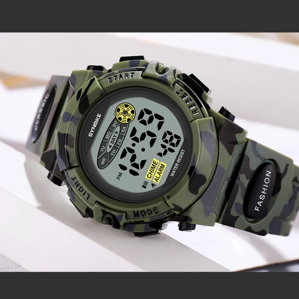 SYNOKE Sports Military Kids Digital Watches Student Children's Watch Fashion Luminous Led Alarm Camouflage Green Boy Clock