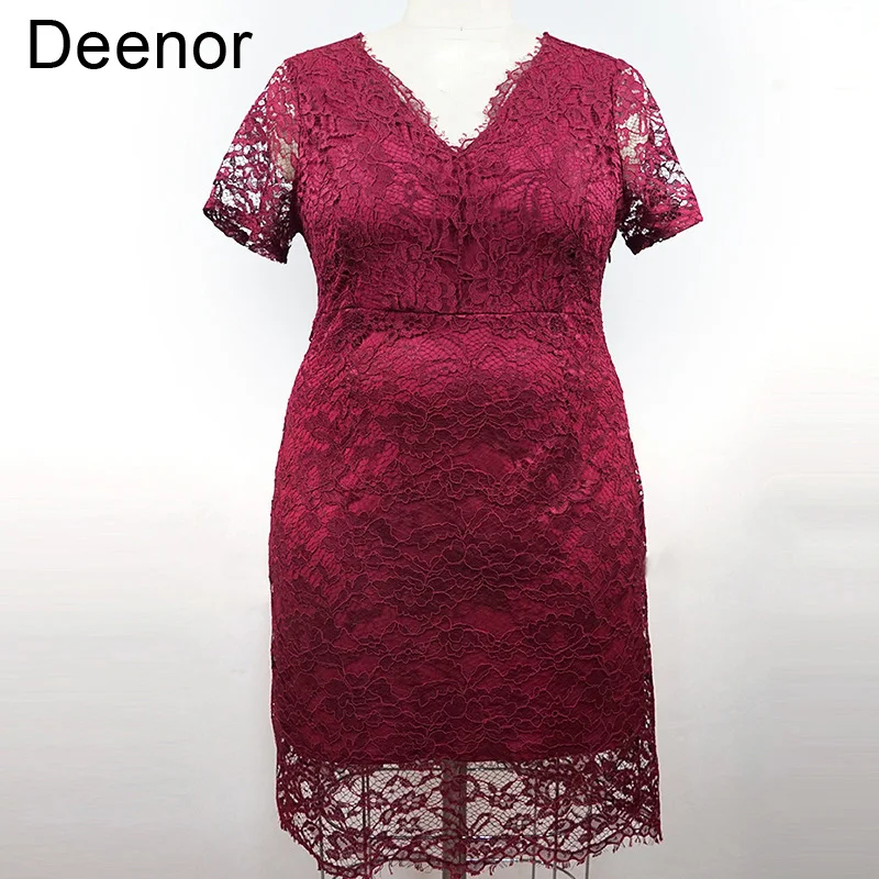 Deenor Plus Size Dresses for Women Slim Lace Wrap Hip V-neck Dress Summer Short Sleeve Elegant Party Dresses