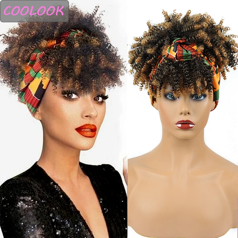 

8 Inch Puff Headband Wig with Bangs Short Afro Kinky Curly Head Wrap Wigs for Women Synthetic Ombre Brown Afro Curls Cosplay Wig