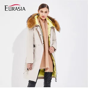 Женская длинная зимняя куртка EURASIA, новая брендовая стильная парка с воротником из натурального меха, плотная верхняя одежда с капюшоном, Y170022, зима