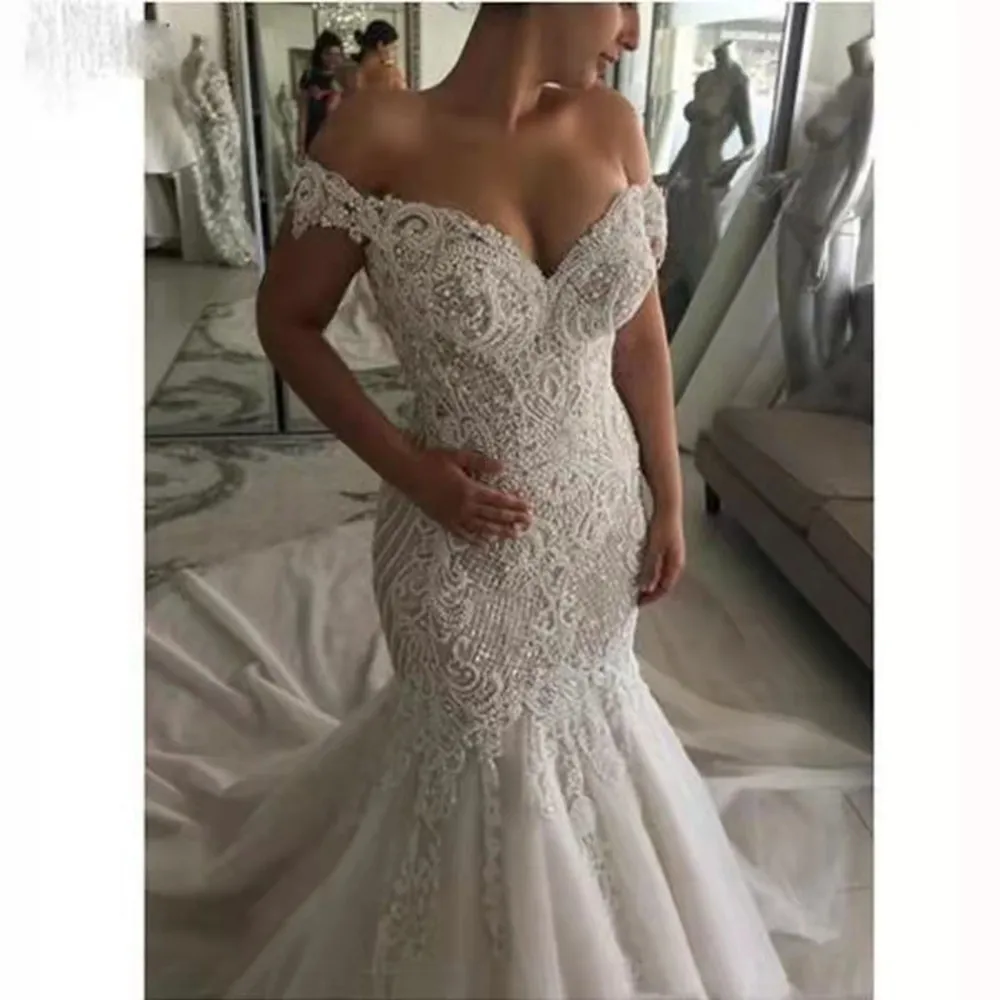 

Luxury Lace Applique Pearls Mermaid Wedding Dresses Off Shoulder V Neck Back Open Button Bridal Dress vestido de fiesta