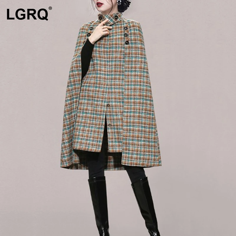 

[LGRQ] Plaid Thick Warm Elegant Cloak Woolen Coat Parkas New Long Sleeve Loose Women's Fashion Tide Autumn Winter 2021 19D5407