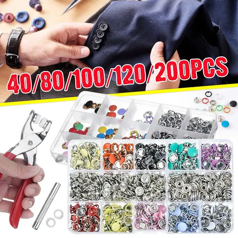 

9.5/10mm 100/200Sets Metal Clothes Sewing Buttons Prong Ring Press Studs Snap Fasteners + Clip Pliers Sewing accessories DIY