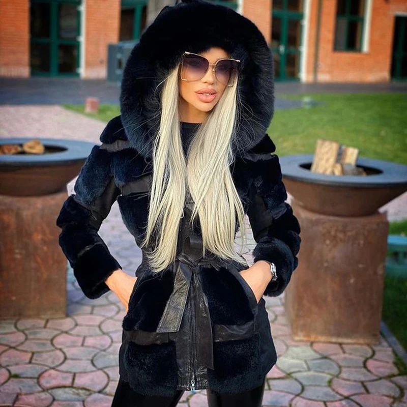Winter Fashion Real Rex Rabbit Fur Coats with Silver Fox Fur Hood Natural Women Causal Full Pelt Genuine Rex Rabbit Fur Jacket