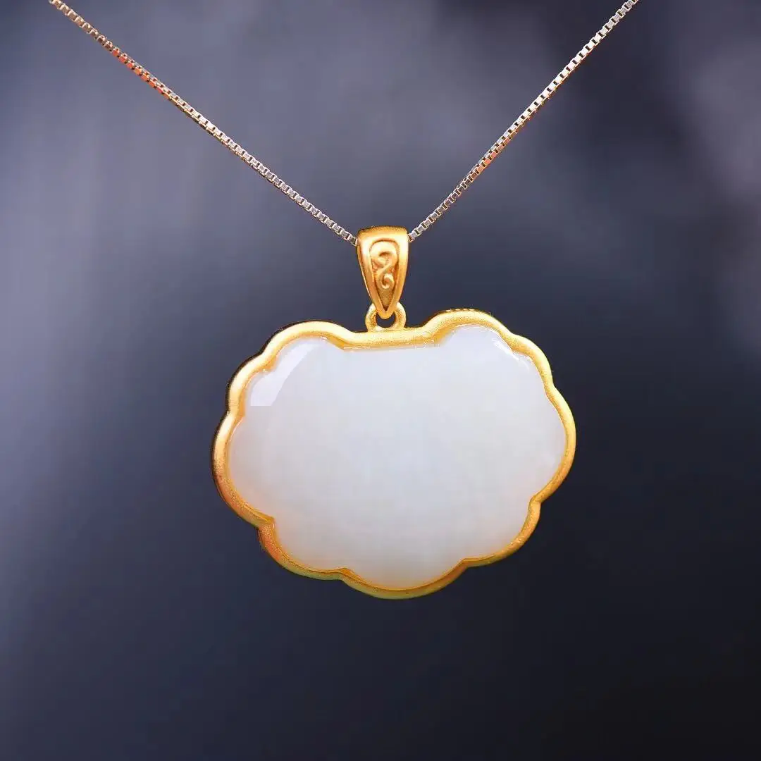 

Natural 925 Silver Inlaid Hetian Jade Lock Pendant