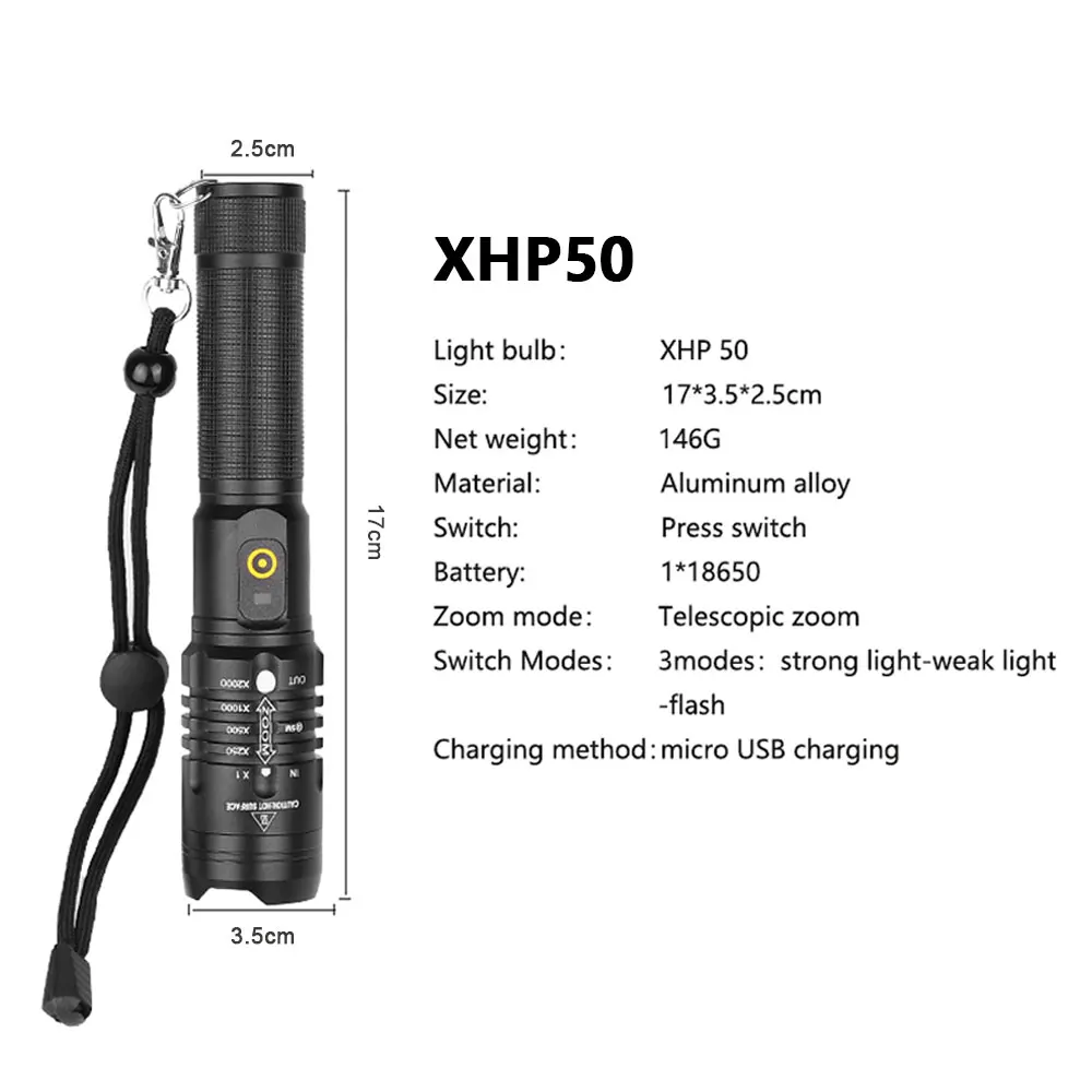 Супер яркий светодиодный фонарь XHP50 с 3 режимами освещения, масштабируемый фонарь, подходит для использования на открытом воздухе, аккумулятор 18650