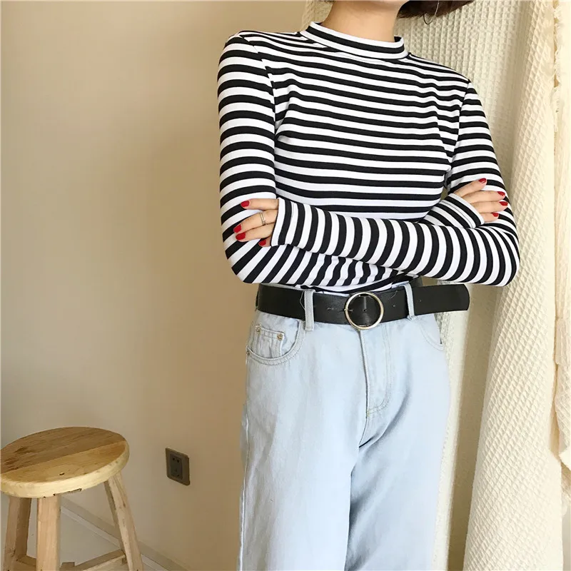 

Nice Korean Style Long Sleeve T Shirts Women Pop Hot Sale Student T-shirt Womens Fashion Harajuku Striped Female Slim Femme Lady