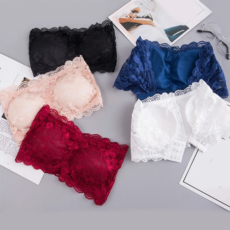 

Women Strapless Push Up Seamless Chest Wrap Lace Bra Floral Lingerie Solid Color Crop Top Comfortable Tube Top Breathable