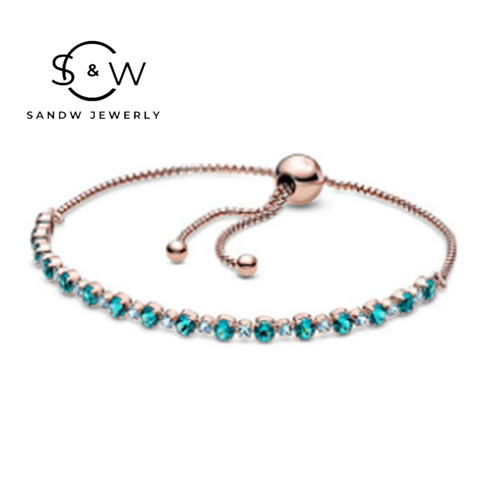

PAN S925 Sterling Silver Jewelry Woman's Bracelets Adjustable Hand String Inlaid with Blue Zircon Temperament for Fashion gift