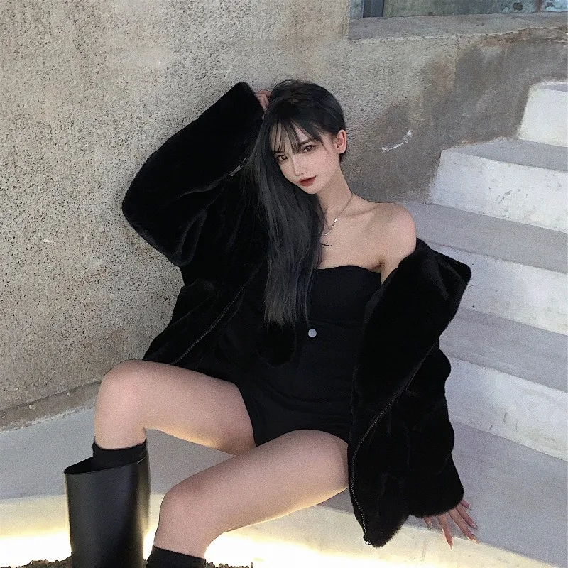 Zip Up Jacket Jacket Women Lolita Teddy Rabbit Ears Hooded Soft Girl Ruffle Faux Wool Coat Lambswool Plus Cotton Thick Outer New