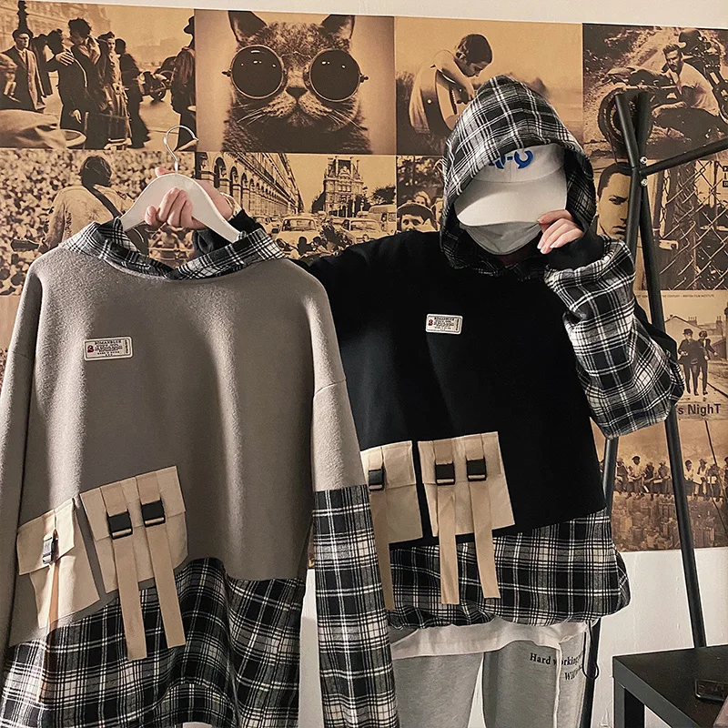 

2020 new Autumn/Winter Hip Hop Men Women Hooded Pullover Male Female Sweatshirts Japan Style long-sleeve plaid stitching