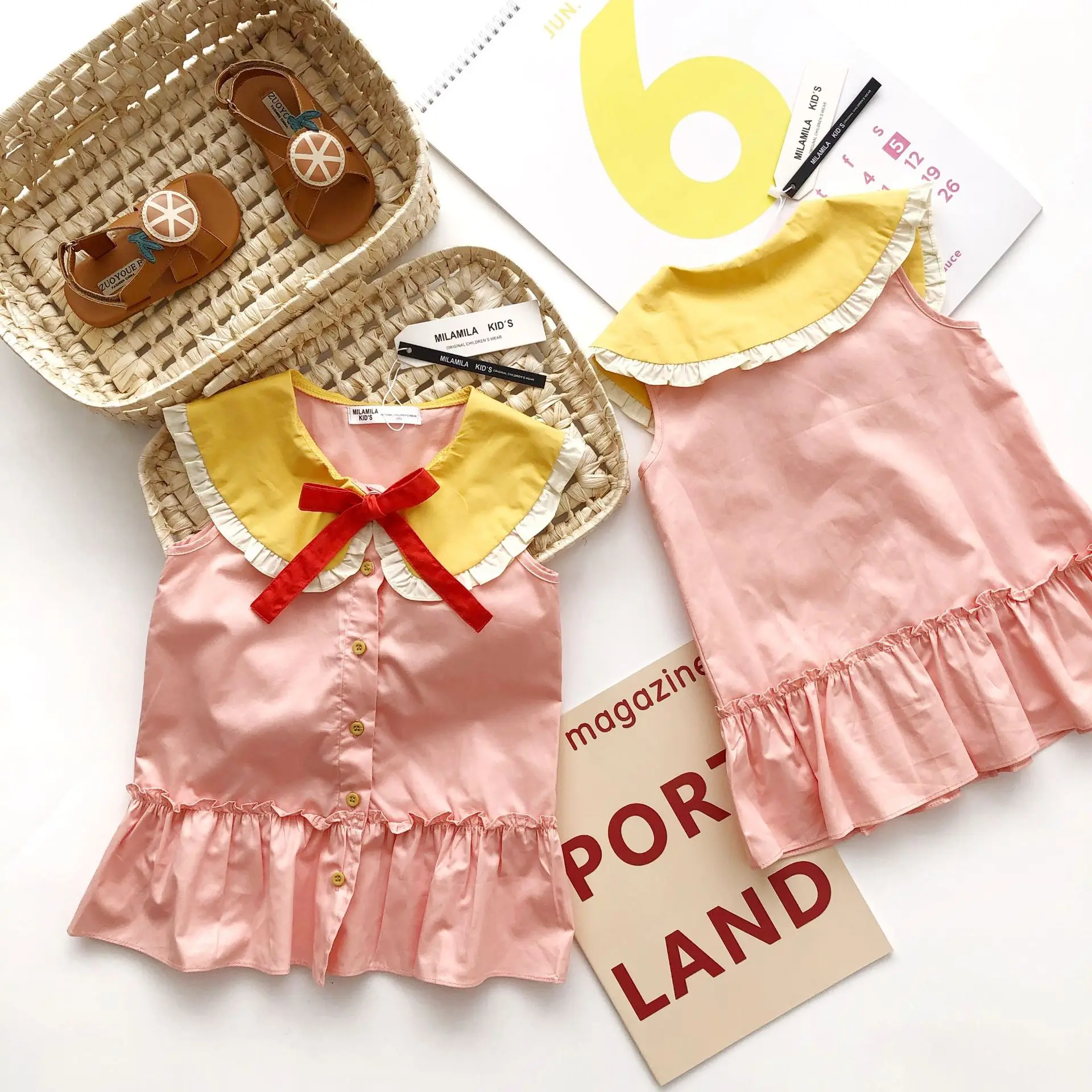 

Girls orange pink ruffled vest dress summer soft baby girls dress cotton kids clothes