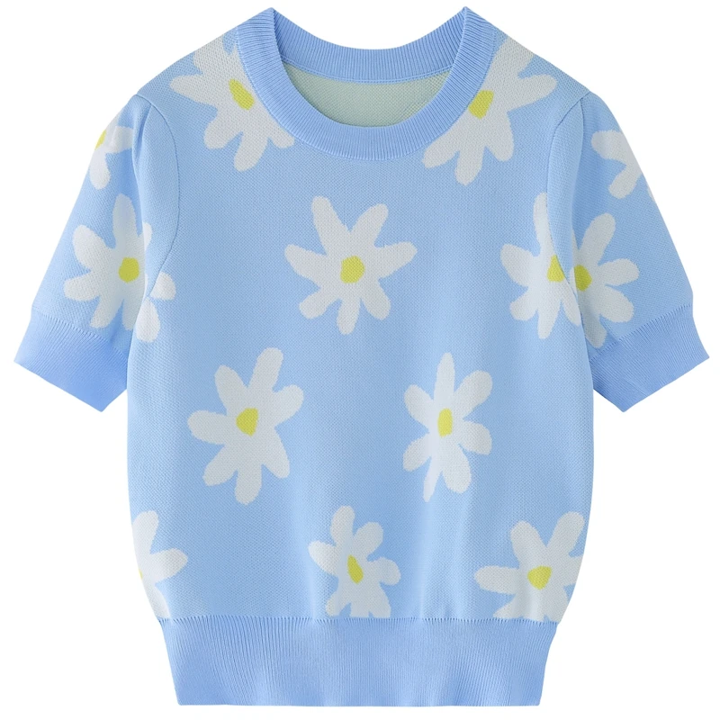 

2021 New Arrival Puff Sleeve Summer Crop Tops Floral Print Short Sweater Women High Waist Knitted Pullover