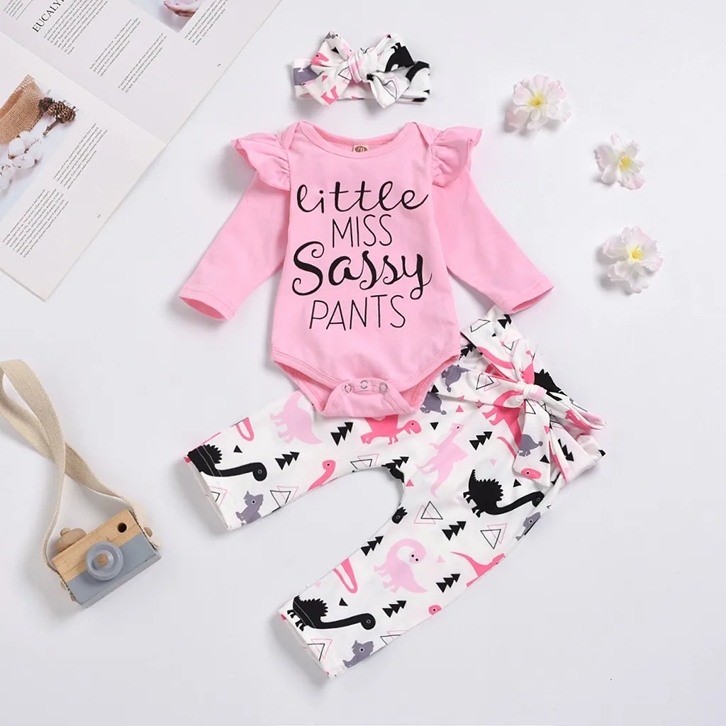 

TELOTUNY Children's clothing Newborn Baby Girls Long Sleeve Letter Printed Romper+Dinosaur Pants+Headband Set baby girl clothes