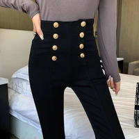 fashion womens trousers 2020 autumn new high elastic double breasted tight fitting high waisted slimming pants womens pants