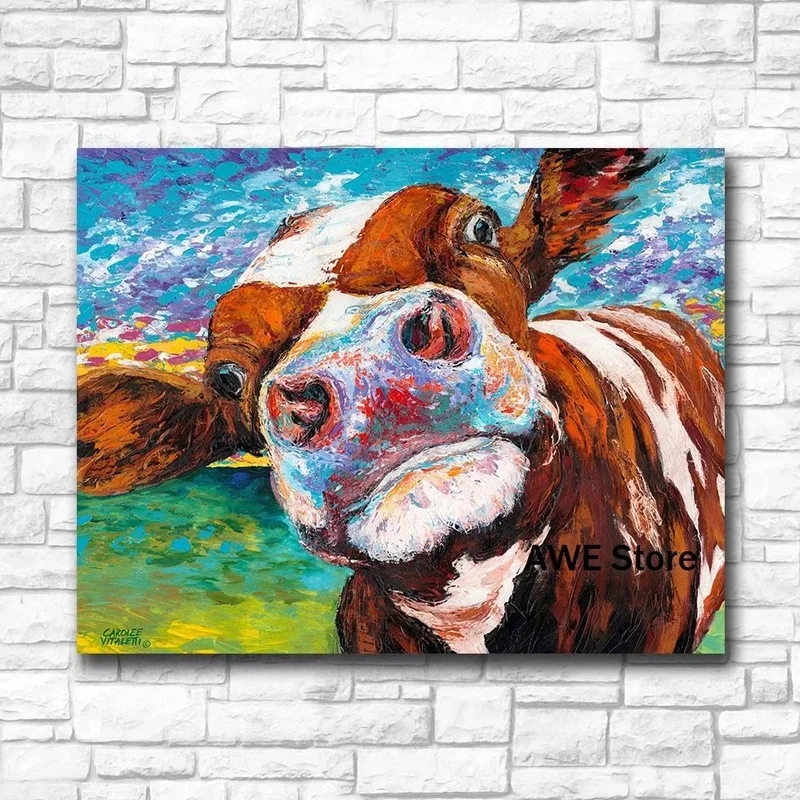 

Graffiti Colorful Art Curious Cow Wall Art Canvas Painting for Living Room Home Decor Oil Painting Wall Art Picture No Frame