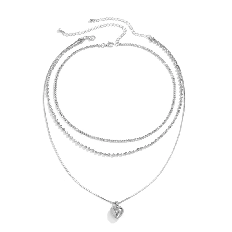 

[FVFV] 2021 alloy multilayer bead chain necklace retro heart shaped gold silver pendant copper necklace jewelry Trend Jewelry