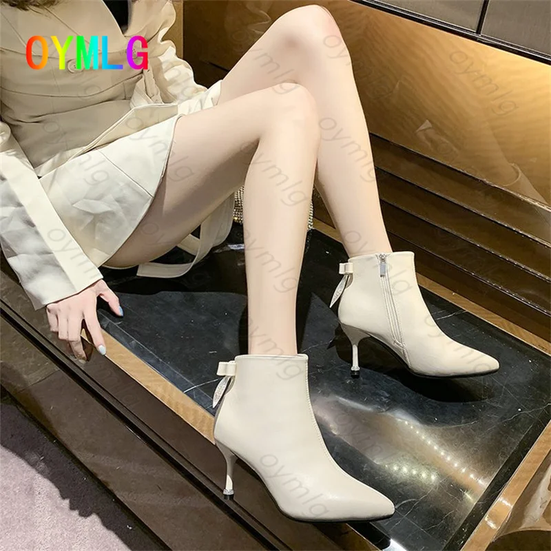 

Новинка 2021, осенне-зимние модные сапоги, женские однотонные модные сапоги на высоком каблуке-шпильке с острым носком, повседневные короткие...