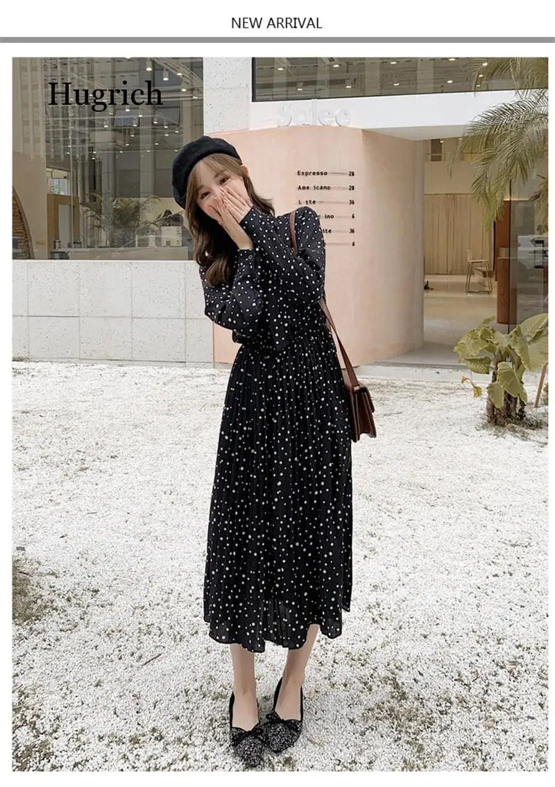 

Bow-neck Polka Dots Female Dress Full Sleeve Elastic Waist Chiffon Pleated Women Dress 2020 Autumn Midi Vestidos Femme