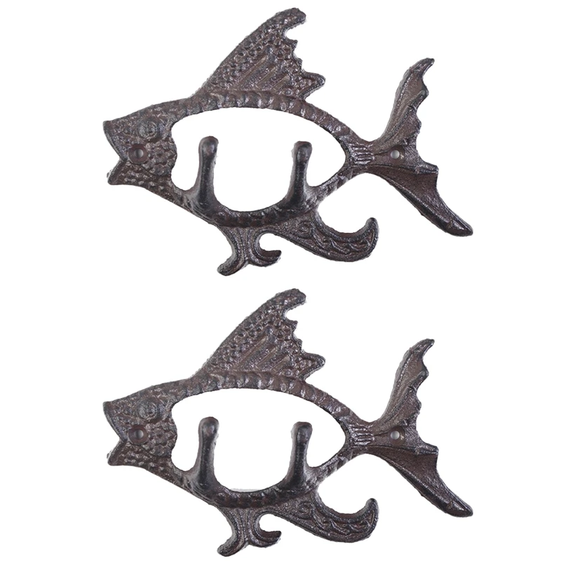 

Set of 2 Cast Iron Rustic Fish Designed Wall Hanger Hooks Keys Towels Wall Holder Mounted Nautical Lovers Gift Idea