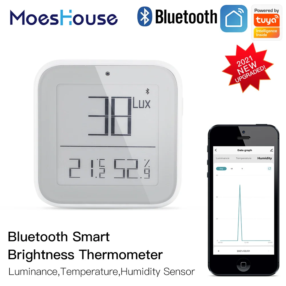 

Smart Bluetooth Brightness Thermometer Real-time Light Sensitive Temperature and Humidity Detector Sensor with Tuya Smart App