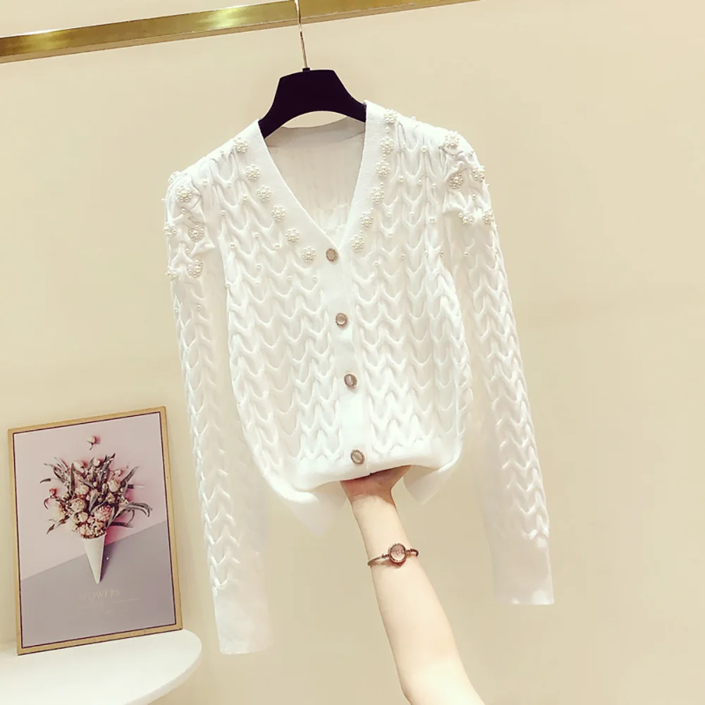 

Fashion Casual Striped Beading Button Up Long Sleeve Knitted Sweater Cardigan Women Spring Autumn V-Neck Top White Black Tops