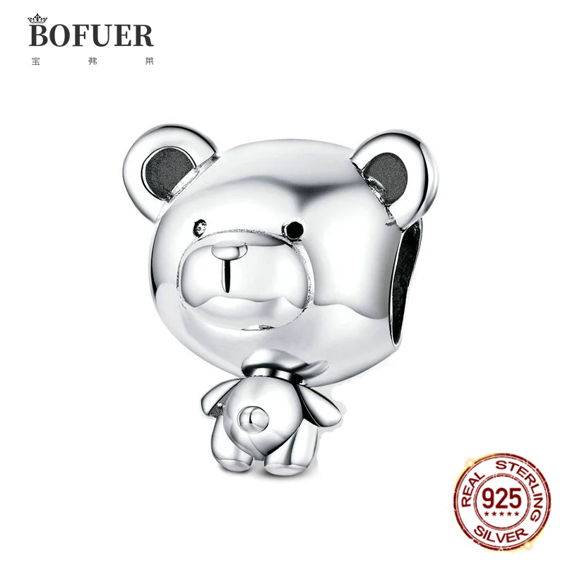 

BOFUER New Bear Bead Pendant Fit Pandora Silver 925 Original Cute Animal Charm Bracelet Fine Jewelry For Women 228B