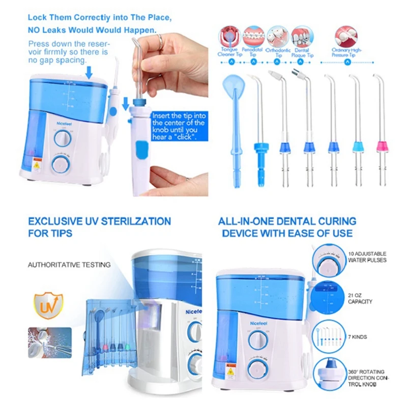 

Nicefeel Water Flosser Oral Irrigator Teeth Cleaner 1000ML Big Water Tank with 7 Multifunctional Tips EU Plug Blue