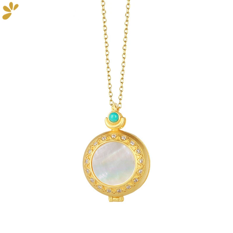 

Turquoise Shell Open-box Pendant Necklace S925 Silver Jewel Gold-plated Choker Necklaces Hollow Craft Fine Jewelry Women Gift