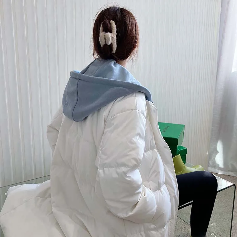 

Mooirue Spring Elegant Women Down Jacket Hooded Patchwork Women's Long Korean Style New White Duck Down Over Knee Coat