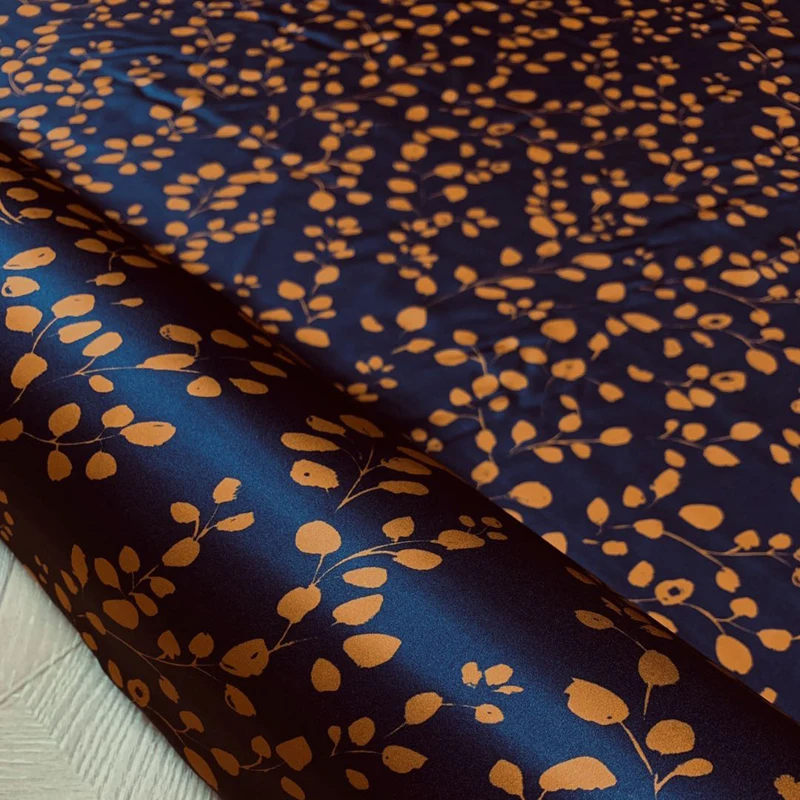 

140CM Wide 19MM Orange Leaves Print Stretch Dark Blue Silk Satin Fabric for Summer Dress Shirt Scarf G006