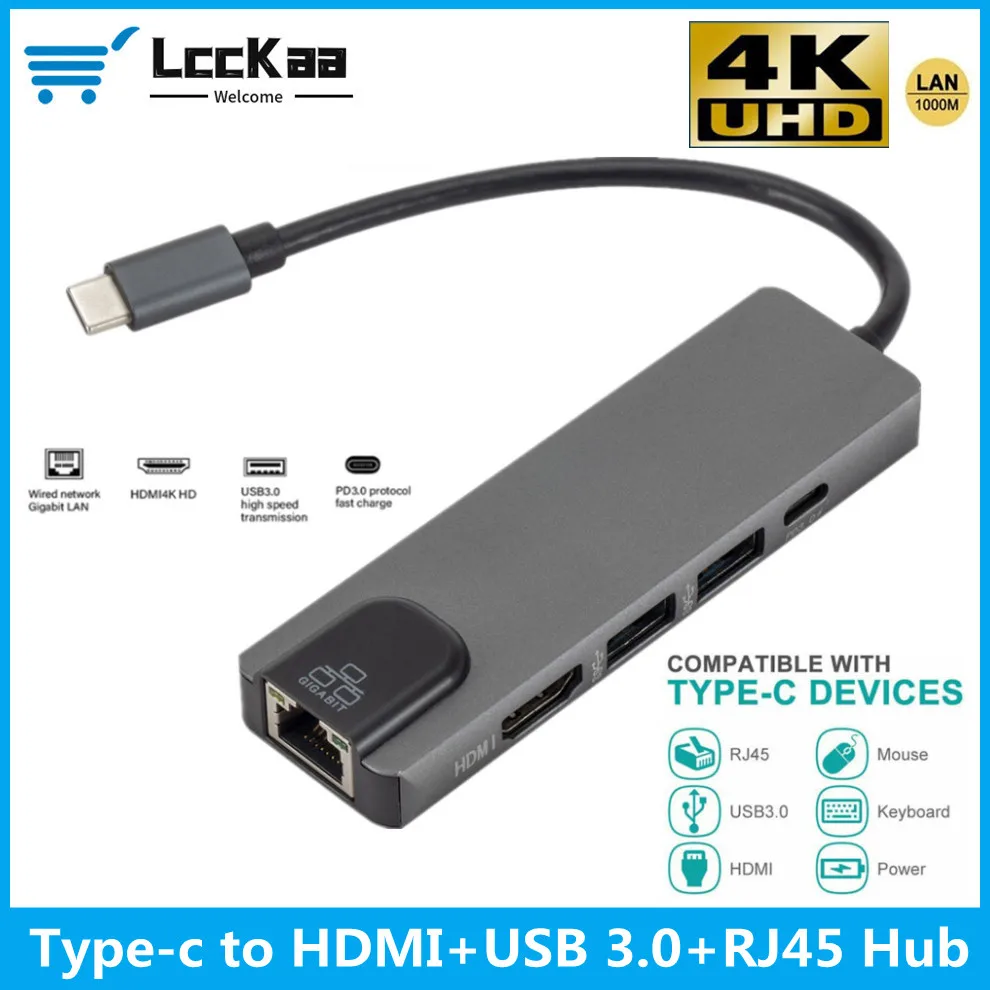 

LccKaa Type-c HUB USB-C to HDMI-compatible USB3.0 Gigabit LAN Ethernet Docking Station Multi-Function USB C Hub for Macbook