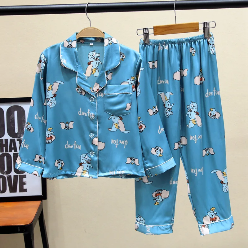 

Pajamas Female Long-sleeved Ice Silk Thin Two-piece Suit Korean Cartoon Cute Home Service Pijama De Mujer Loungewear Women
