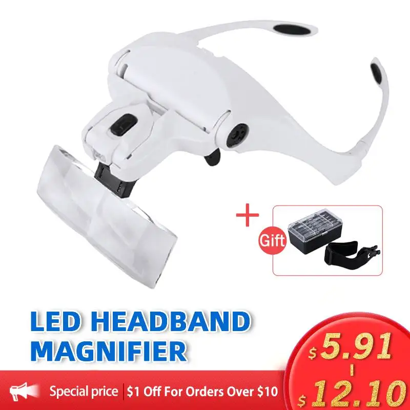

Illuminated Magnifier LED Wearing Magnifying Glasses Reading Glasses 5 Lens Head Loupe 1.0X/1.5X/2.0X/2.5X/3.5X Repair Tool