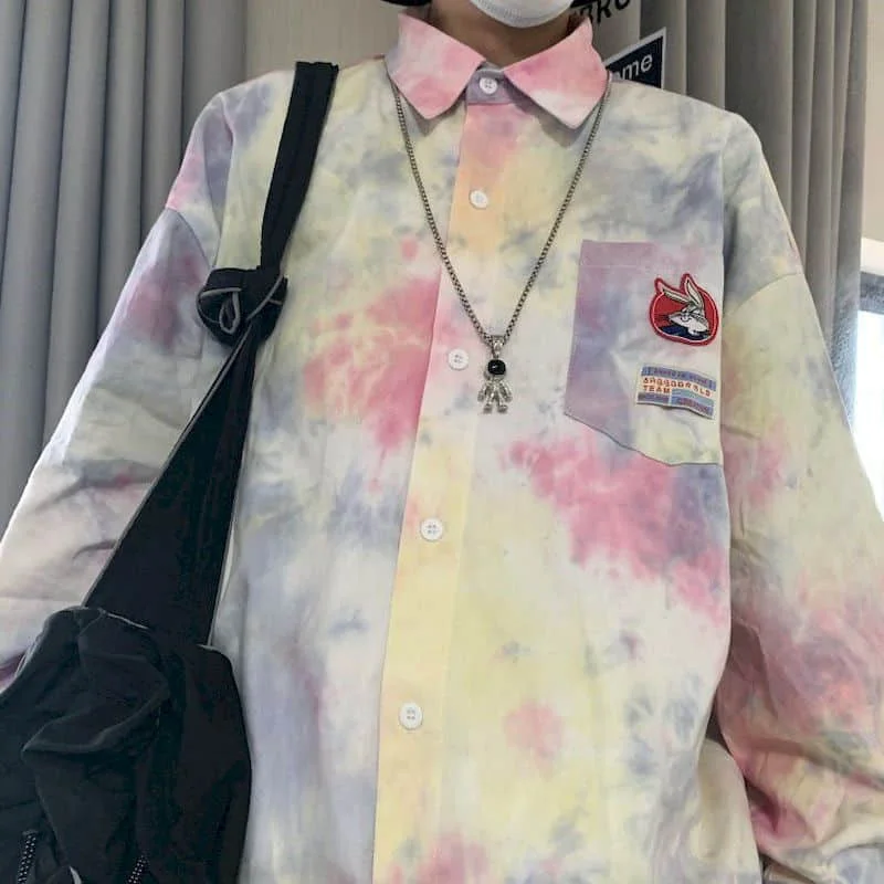 

Tie-dye Long-sleeved Shirts Women Men Punk Korean Loose Bf Wind Wild Shirt Couple Large Version Purple Chic Top Men And Women