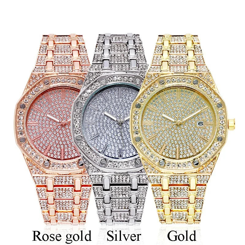 

Luxury Watch Iced Out Watch Quartz Gold Big Rhinestone Business Wrist Watch Relogio Micropave Stainless Steel Watch for Women