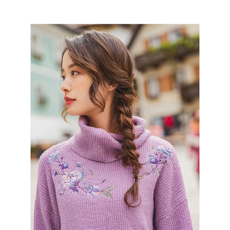 INMAN Winter Literary High Neck Drop-shoulder Sleeve Embroidery Loose Warm Women Pullover | Женская одежда