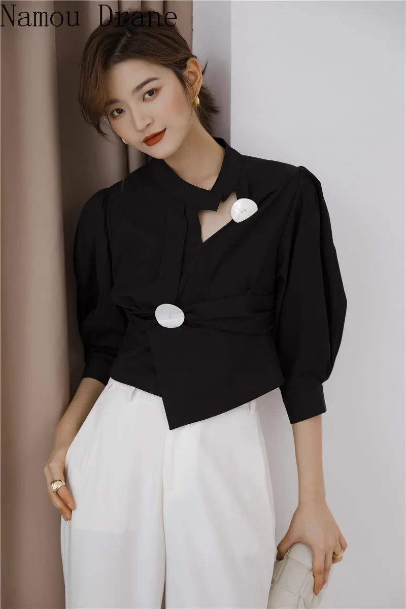 Женская блузка с длинным рукавом черная ассиметричная 2020 | одежда