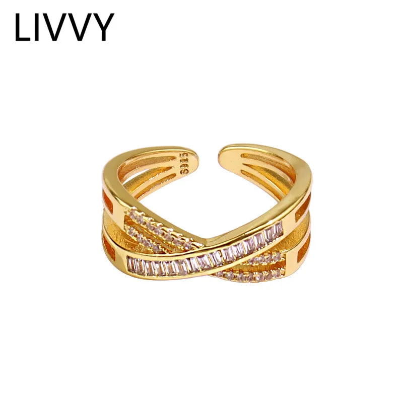 

LIVVY New Korean Cross Crystal Zircon Opening Adjustment Ring Female Simple Golden Temperament Exquisite Jewelry