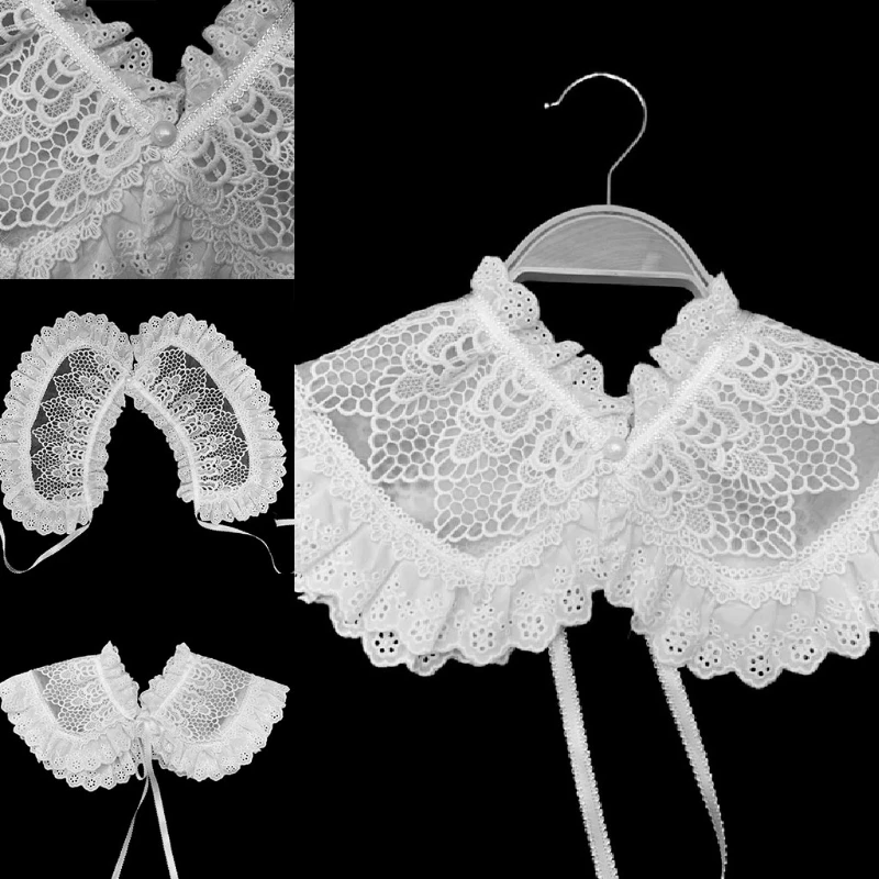 

Women Sweet Hollow Out Embroidery Lace Fake Collar Ruffled Bowknot Bandage Shawl Wrap Necklace Decor