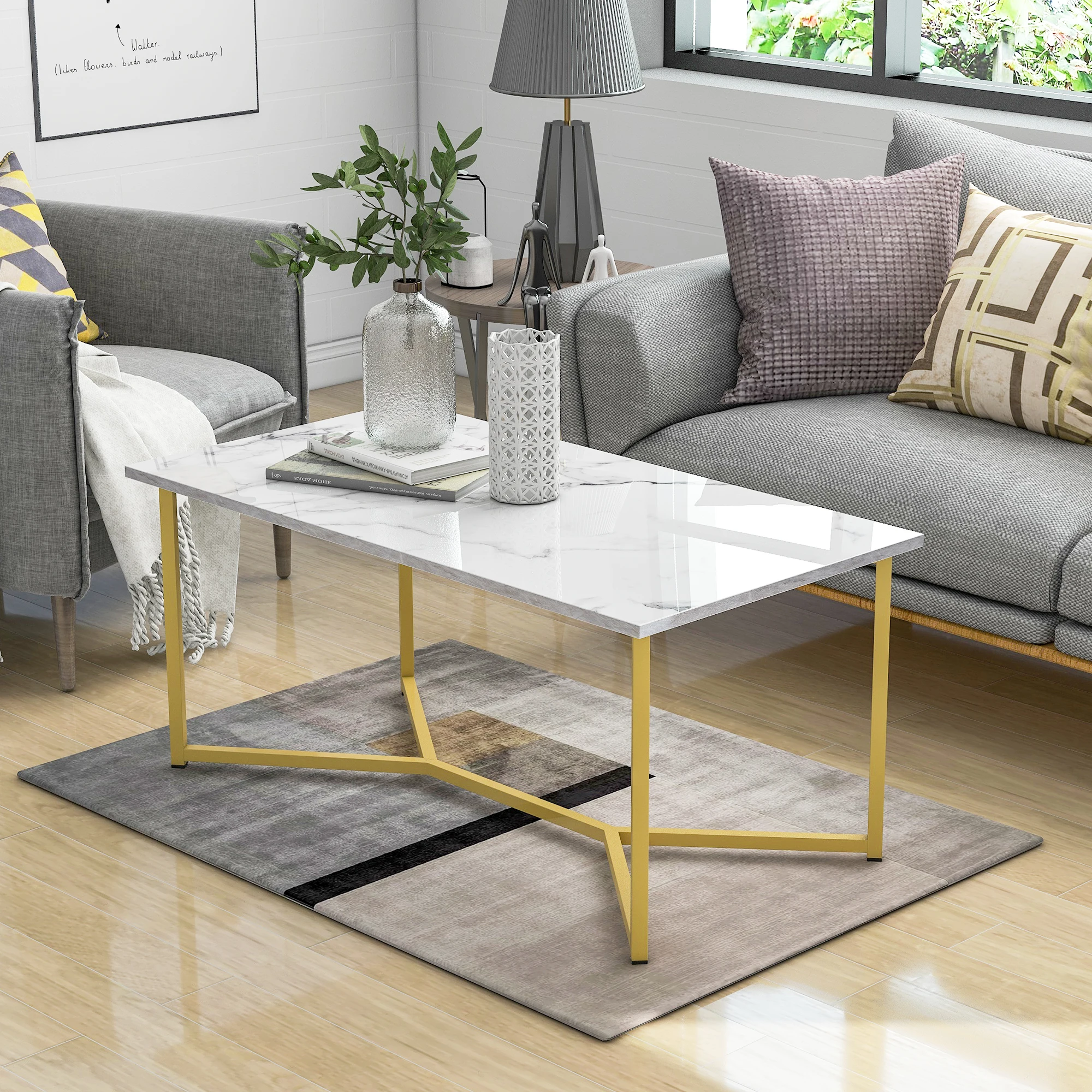 

Coffee Table Simple Modern Golden Iron Pipe Marble Wooden Side Table 42x22x18 Inch Rectangle End Table 3 Colors[US-Stock]