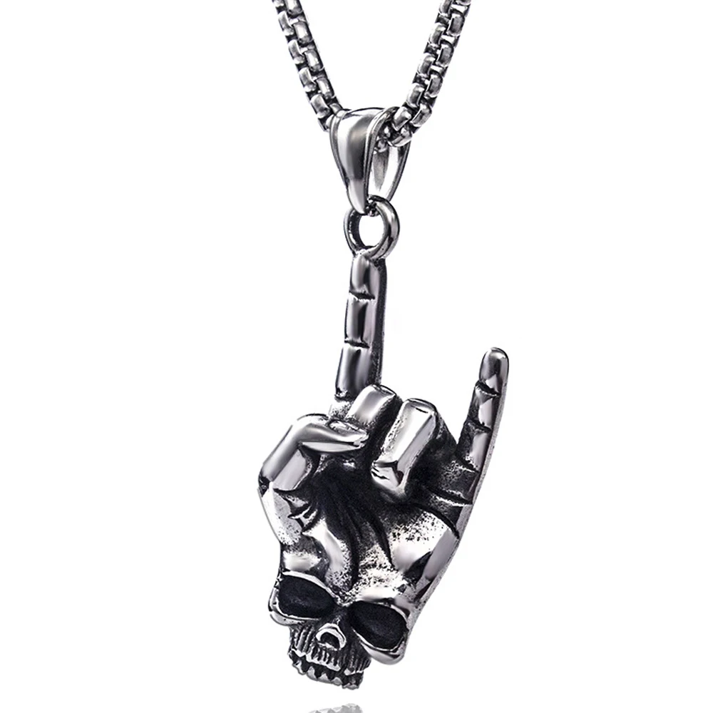 

Antique Punk Gesture Retro Skull Finger Stainless Steel Chain Personalized Pendant Necklace Fashion Jewelry