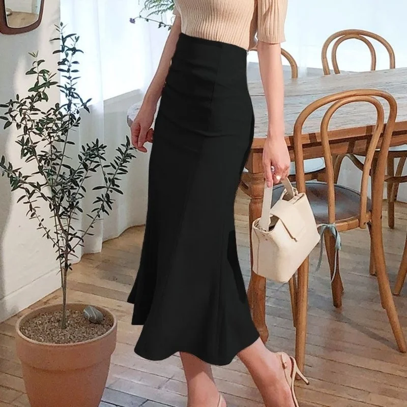 

2023 Spring Summer Women Fashion Office Lady Ruffles White Black Skirt Solid High Waist Fishtail Long Skirts Jupe Femme