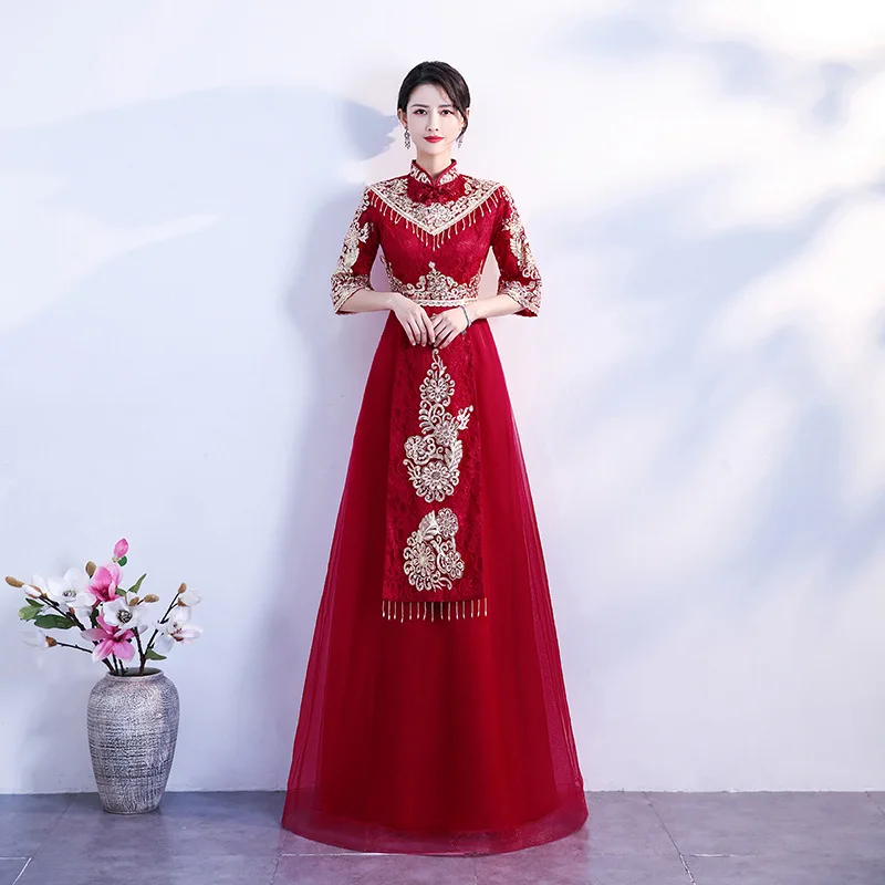 

Wine Red Toast Bride 2020 New Slim Chinese Cheongsam Xiuhe Dress Wedding Dress Female.