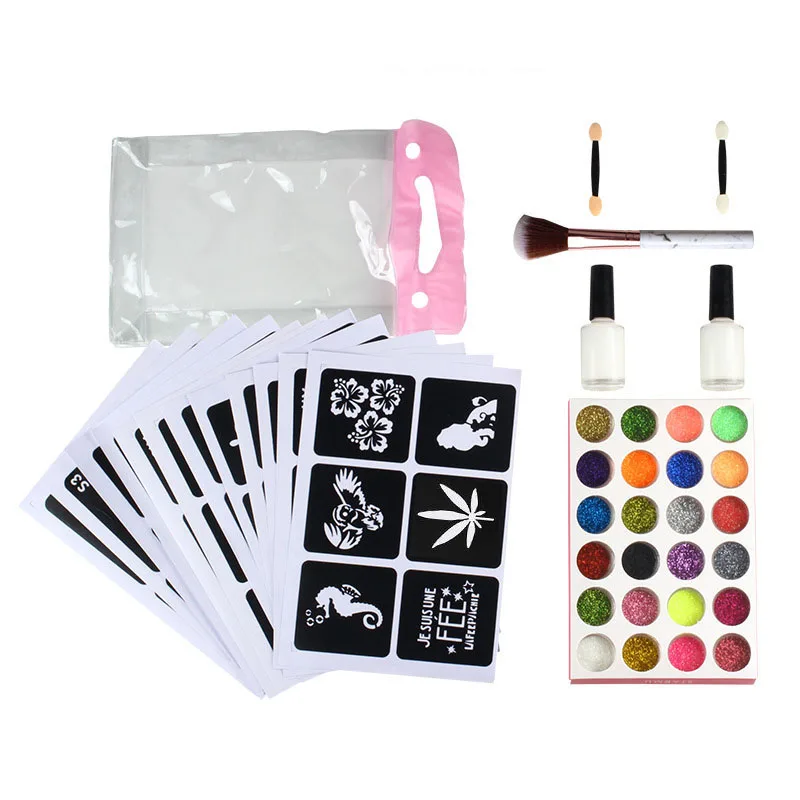 

Glitter Tattoo Kits 24 Color 69 Templates Flash Diamond Flash For Temporary Tattoo Set Kids Face Body Painting Art Tools