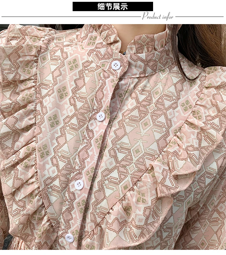 

2021 Spring Elegant Stand Collar Ruffle Women Dress Full Sleeve Elastic Waist Female Chiffon Midi Pleated Dress Vestidos femme